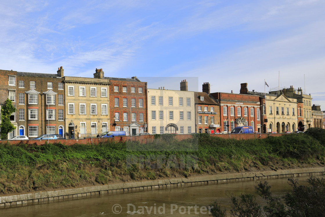 "The North Brink architecture, river Nene, Wisbech town, Cambridgeshire,..." stock image