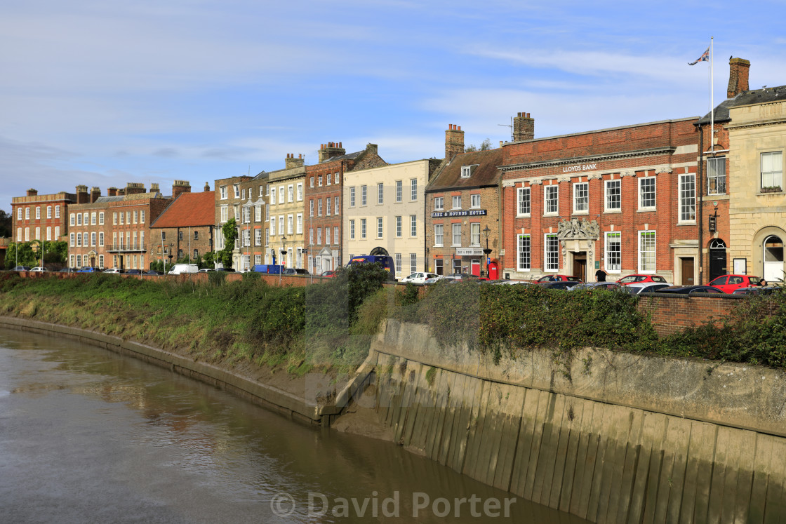 "The North Brink architecture, river Nene, Wisbech town, Cambridgeshire,..." stock image