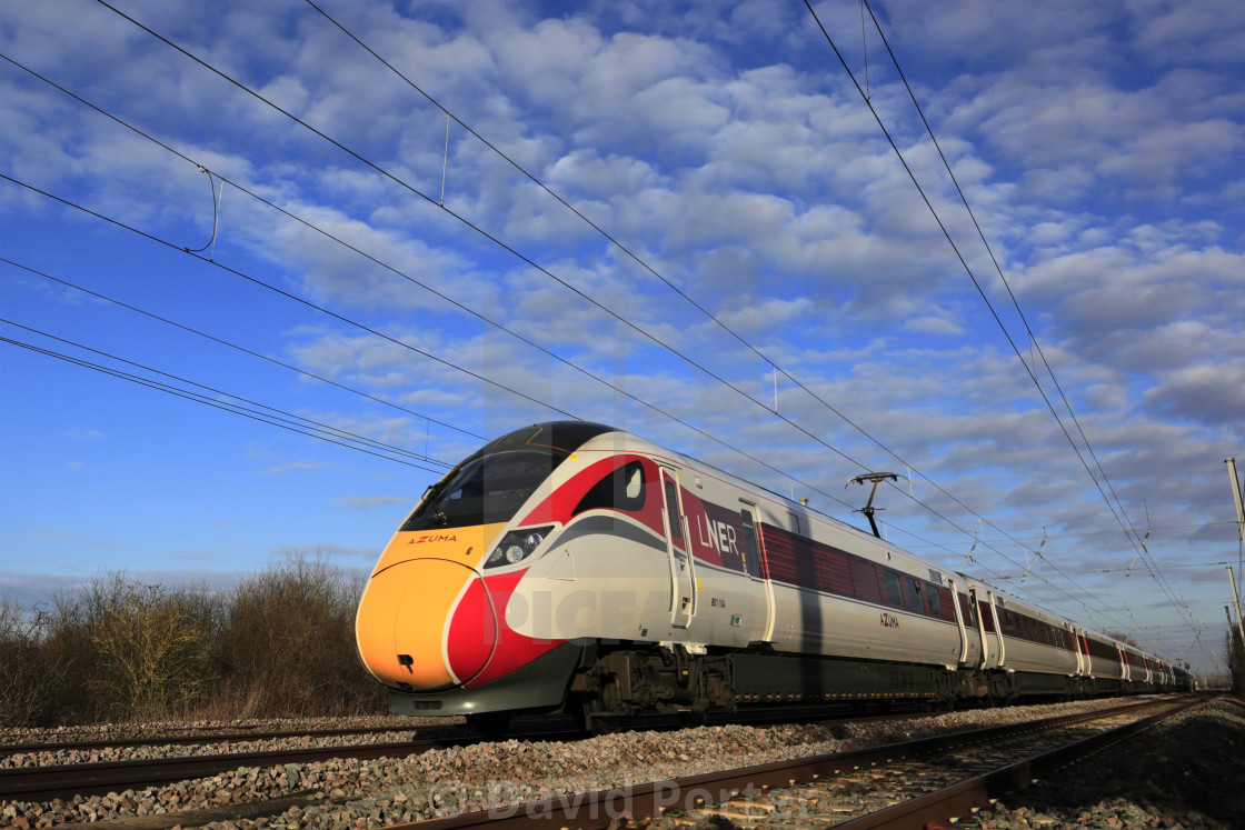 "LNER Azuma train, Class 800, East Coast Main Line Railway, Newark on Trent,..." stock image