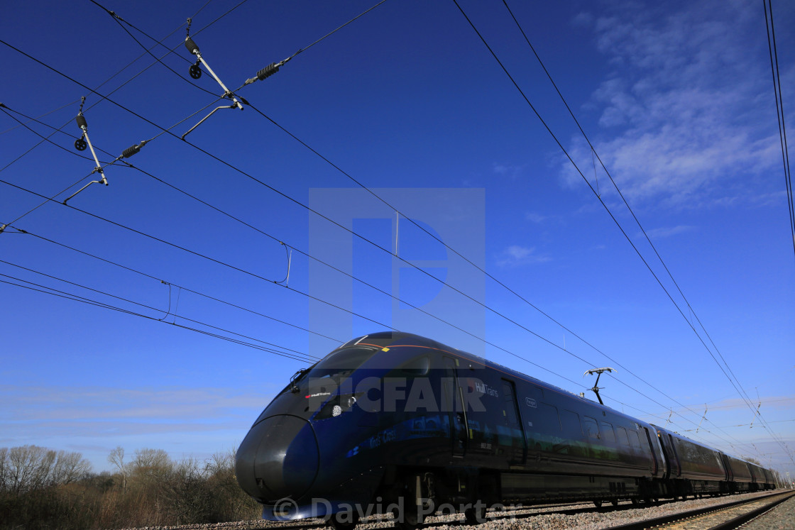 "Hull Trains 802302 Azuma, East Coast Main Line Railway; Peterborough,..." stock image