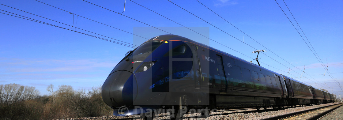 "Hull Trains 802302 Azuma, East Coast Main Line Railway; Peterborough,..." stock image