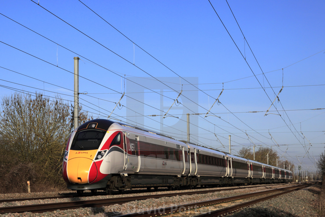 "LNER Azuma train, Class 800, East Coast Main Line Railway, Newark on Trent,..." stock image