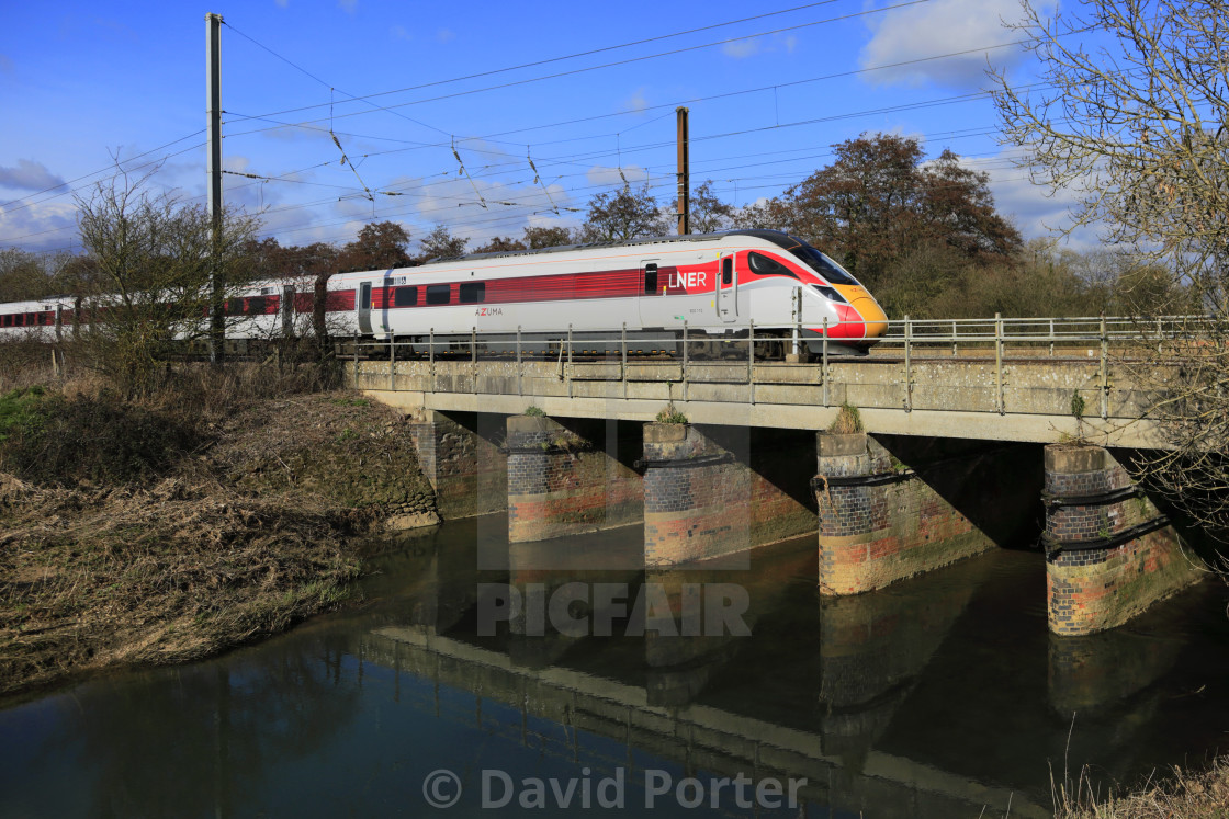 "LNER Azuma train, Class 800, East Coast Main Line Railway, Newark on Trent,..." stock image