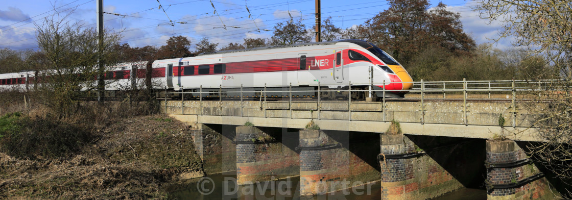 "LNER Azuma train, Class 800, East Coast Main Line Railway, Newark on Trent,..." stock image