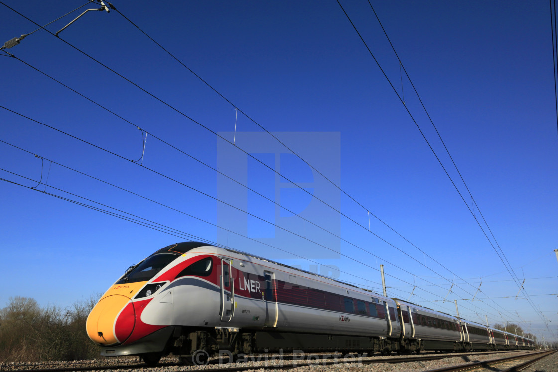 "LNER Azuma train, Class 800, East Coast Main Line Railway, Newark on Trent,..." stock image