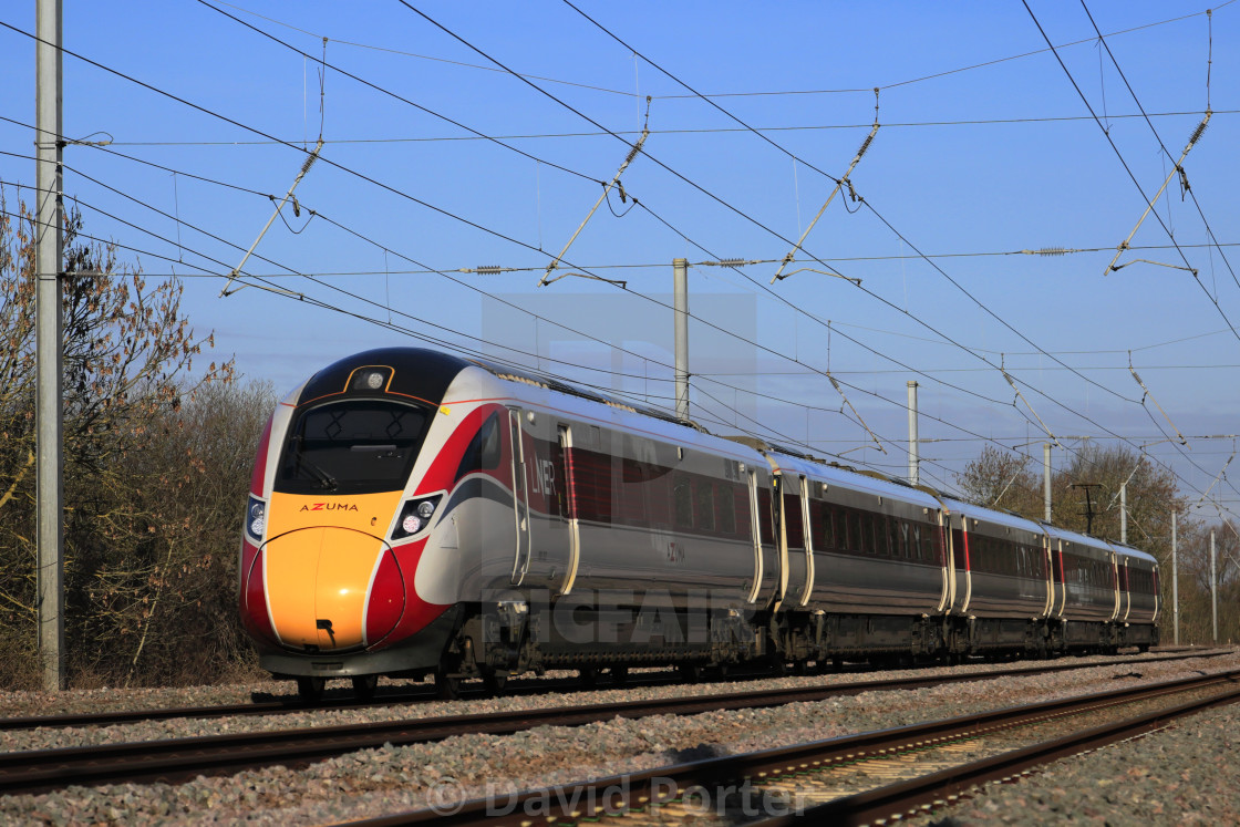 "LNER Azuma train, Class 800, East Coast Main Line Railway, Newark on Trent,..." stock image