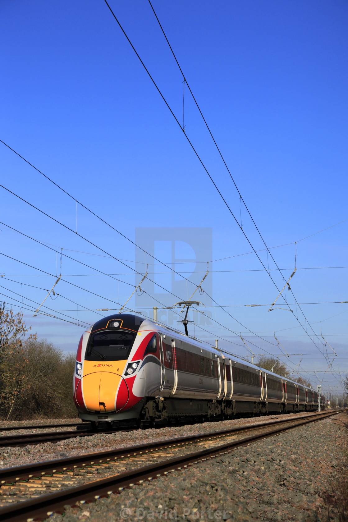 "LNER Azuma train, Class 800, East Coast Main Line Railway, Newark on Trent,..." stock image