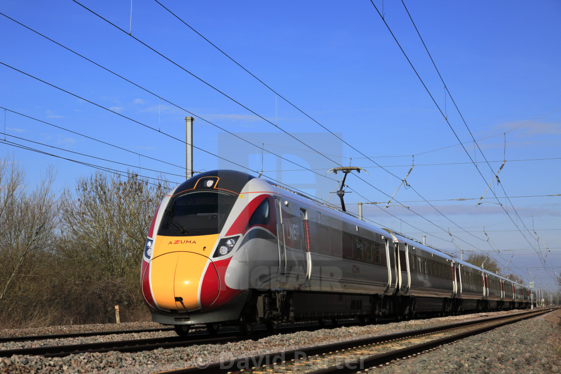 "LNER Azuma train, Class 800, East Coast Main Line Railway, Newark on Trent,..." stock image