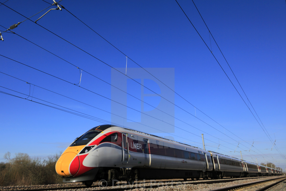 "LNER Azuma train, Class 800, East Coast Main Line Railway, Newark on Trent,..." stock image