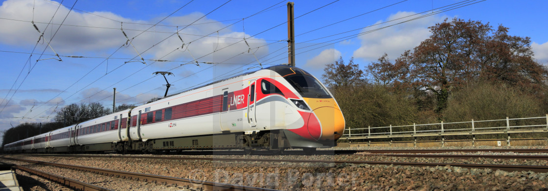 "LNER Azuma train, Class 800, East Coast Main Line Railway, Newark on Trent,..." stock image