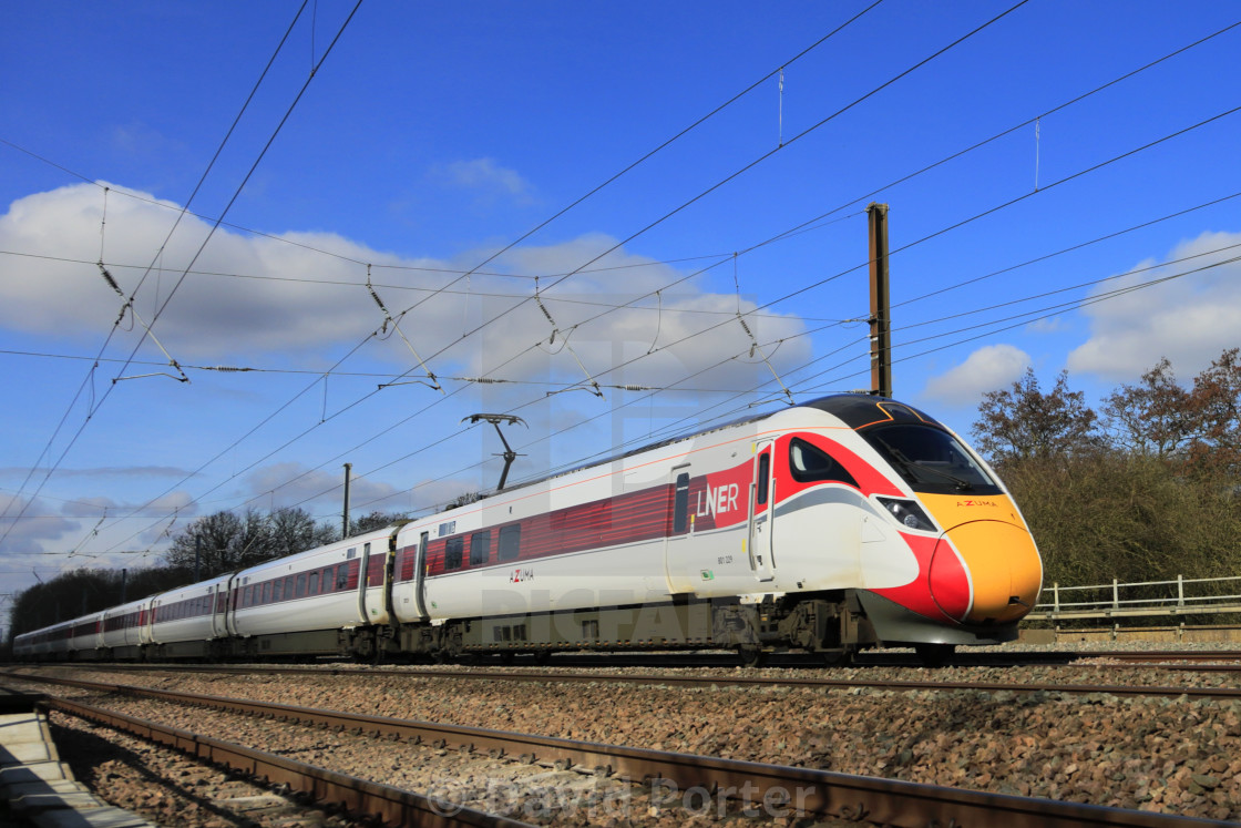 "LNER Azuma train, Class 800, East Coast Main Line Railway, Newark on Trent,..." stock image