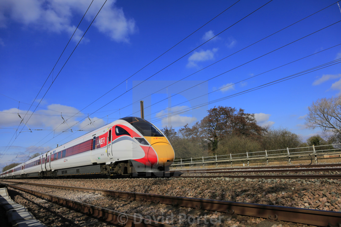 "LNER Azuma train, Class 800, East Coast Main Line Railway, Newark on Trent,..." stock image