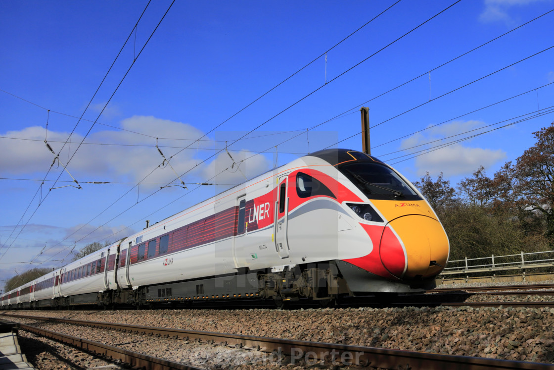 "LNER Azuma train, Class 800, East Coast Main Line Railway, Newark on Trent,..." stock image