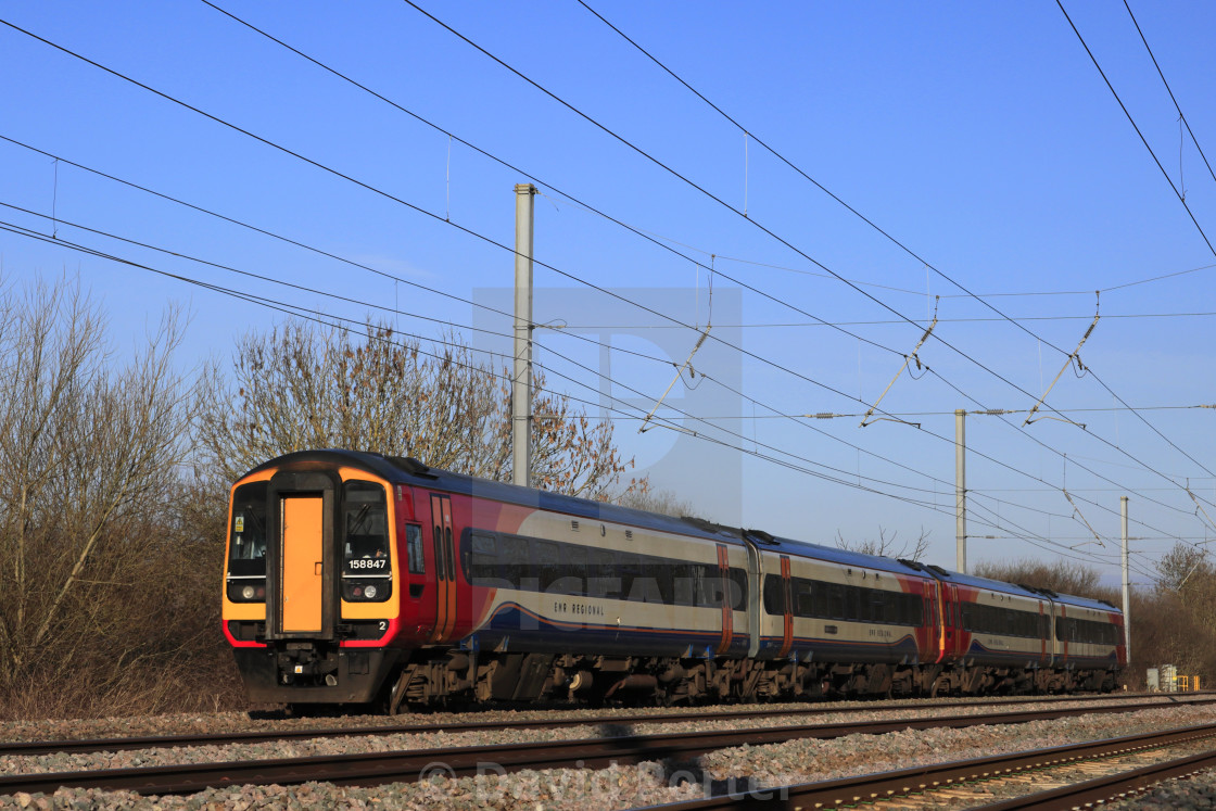 "158847 EMR Regional, East Midlands train, Newark on Trent, Nottinghamshire,..." stock image