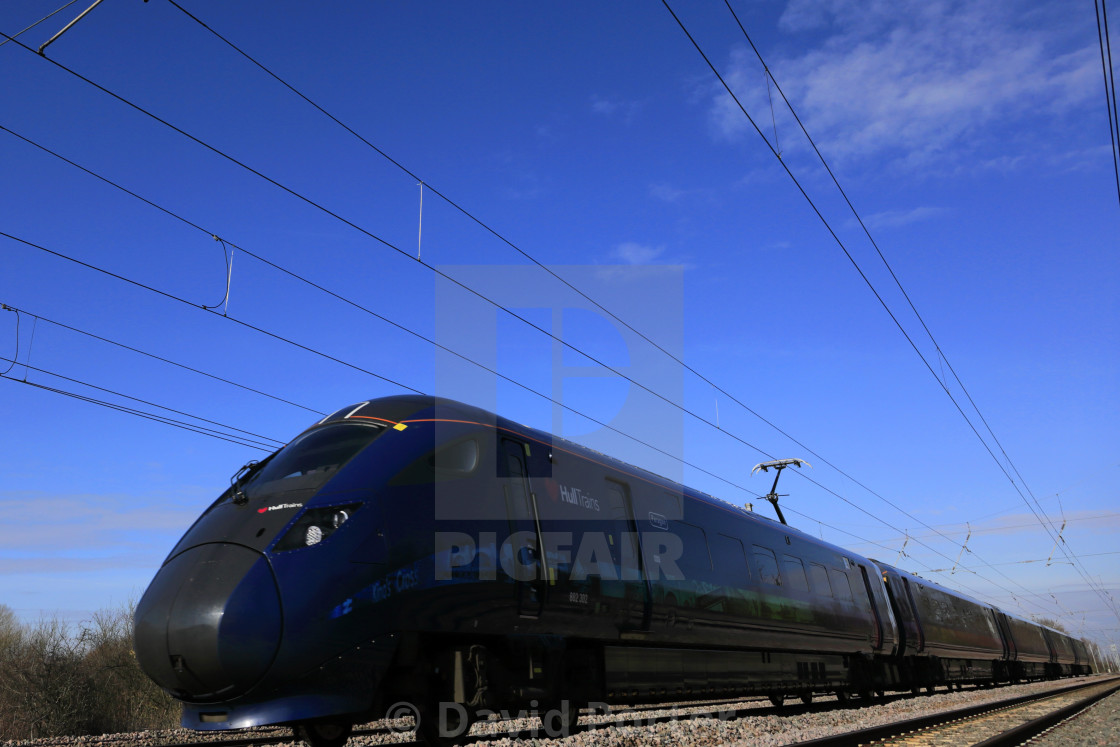 "Hull Trains 802302 Azuma, East Coast Main Line Railway; Peterborough,..." stock image