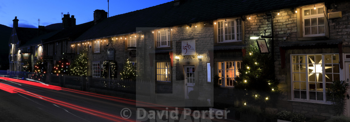 "Christmas Lights along Cross Street, Castleton village, Derbyshire, Peak..." stock image