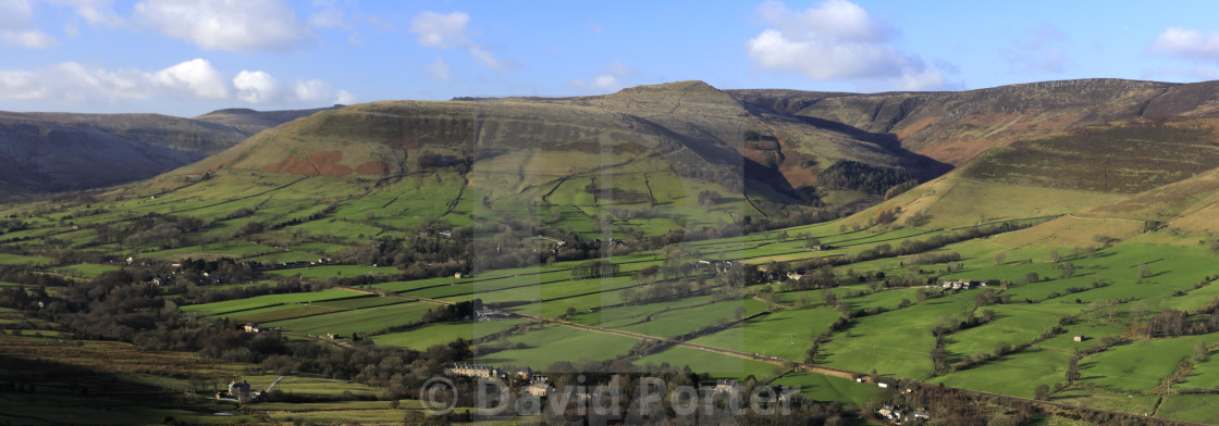 "View over the Edale valley and Edale village, Derbyshire, Peak District..." stock image