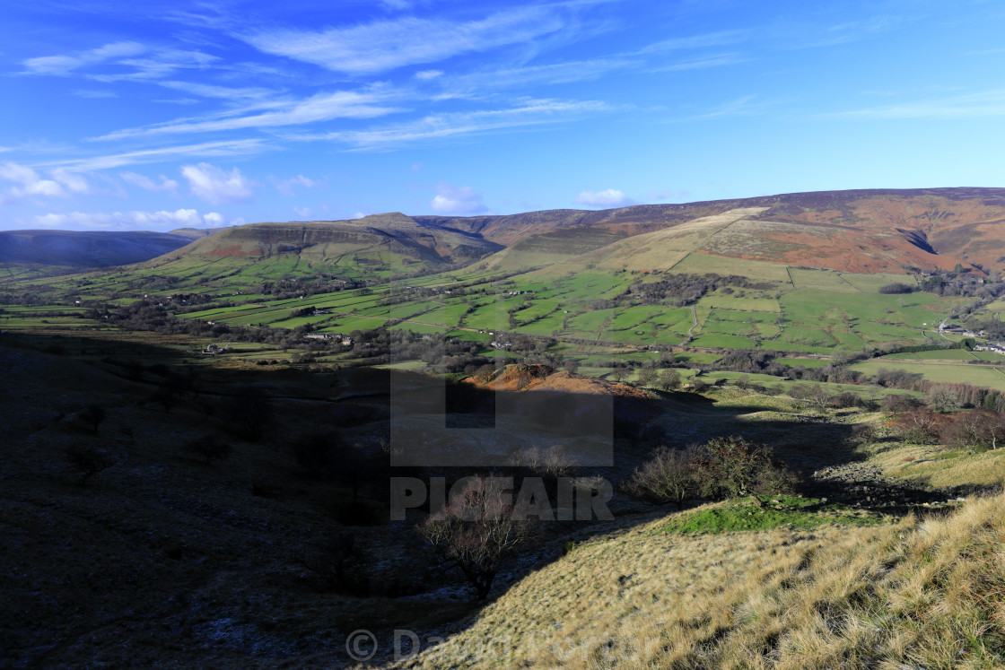 "View over the Edale valley and Edale village, Derbyshire, Peak District..." stock image