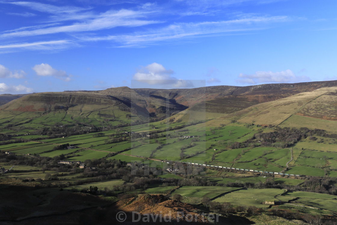 "View over the Edale valley and Edale village, Derbyshire, Peak District..." stock image