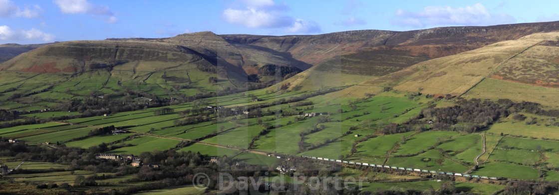 "View over the Edale valley and Edale village, Derbyshire, Peak District..." stock image