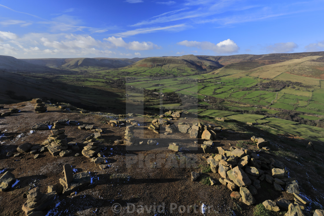 "View over the Edale valley and Edale village, Derbyshire, Peak District..." stock image