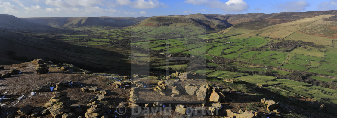 "View over the Edale valley and Edale village, Derbyshire, Peak District..." stock image