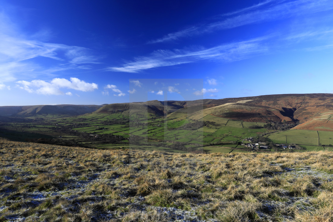 "View over the Edale valley and Edale village, Derbyshire, Peak District..." stock image