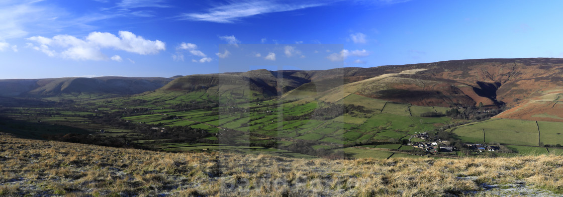 "View over the Edale valley and Edale village, Derbyshire, Peak District..." stock image