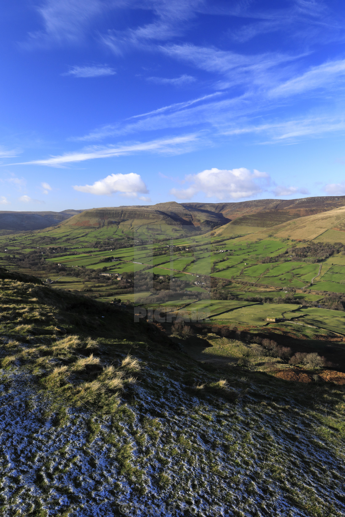 "View over the Edale valley and Edale village, Derbyshire, Peak District..." stock image