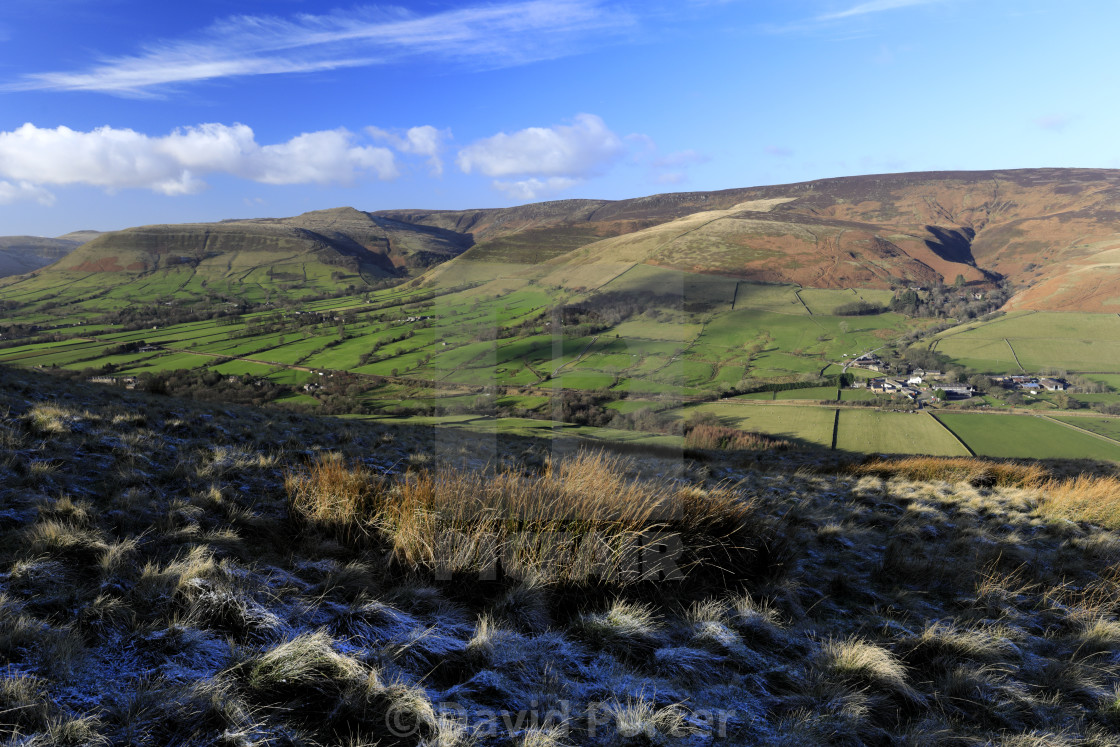 "View over the Edale valley and Edale village, Derbyshire, Peak District..." stock image