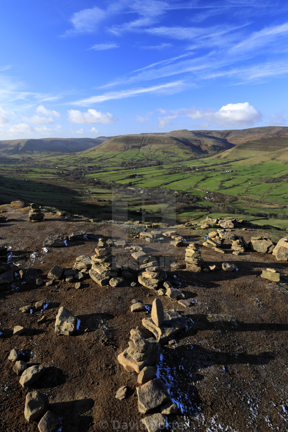 "View over the Edale valley and Edale village, Derbyshire, Peak District..." stock image