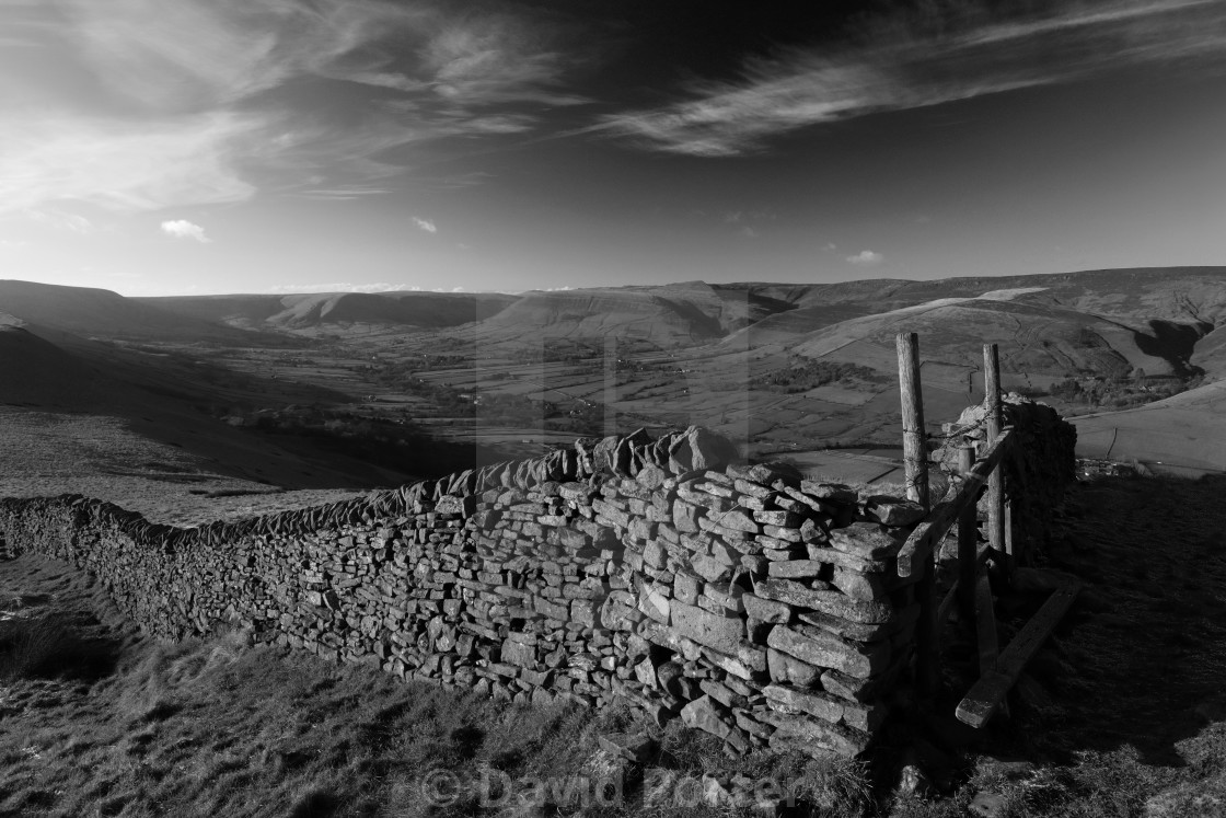 "View over the Edale valley and Edale village, Derbyshire, Peak District..." stock image