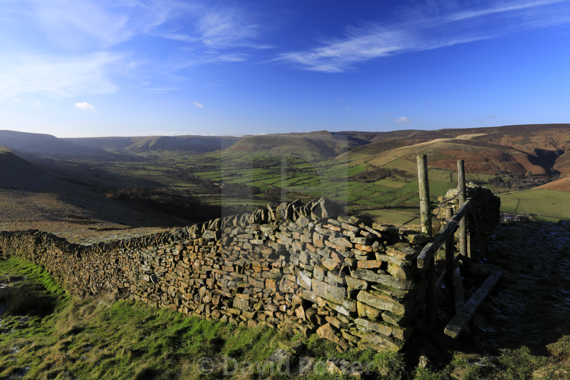 "View over the Edale valley and Edale village, Derbyshire, Peak District..." stock image