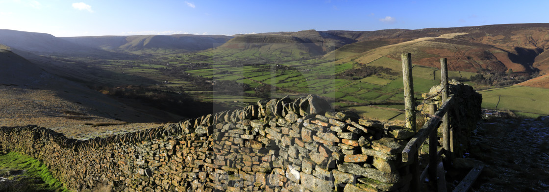 "View over the Edale valley and Edale village, Derbyshire, Peak District..." stock image