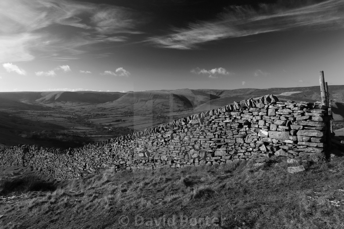 "View over the Edale valley and Edale village, Derbyshire, Peak District..." stock image