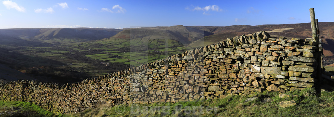 "View over the Edale valley and Edale village, Derbyshire, Peak District..." stock image