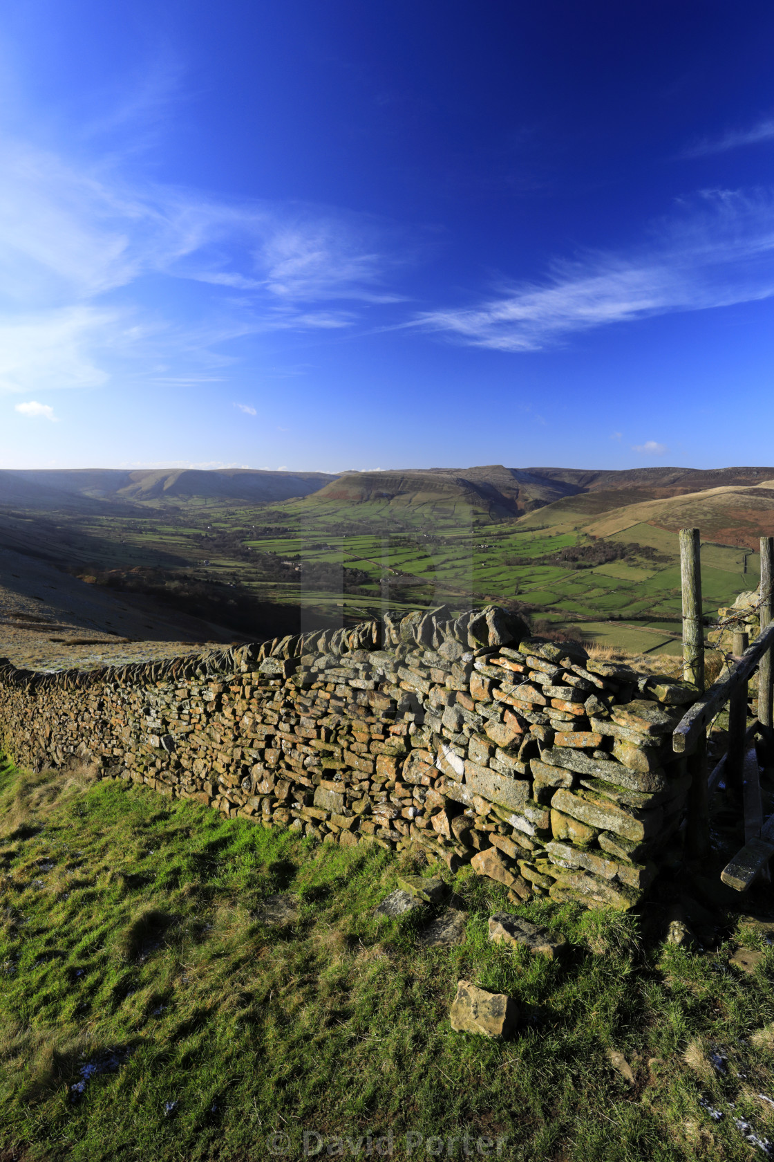 "View over the Edale valley and Edale village, Derbyshire, Peak District..." stock image