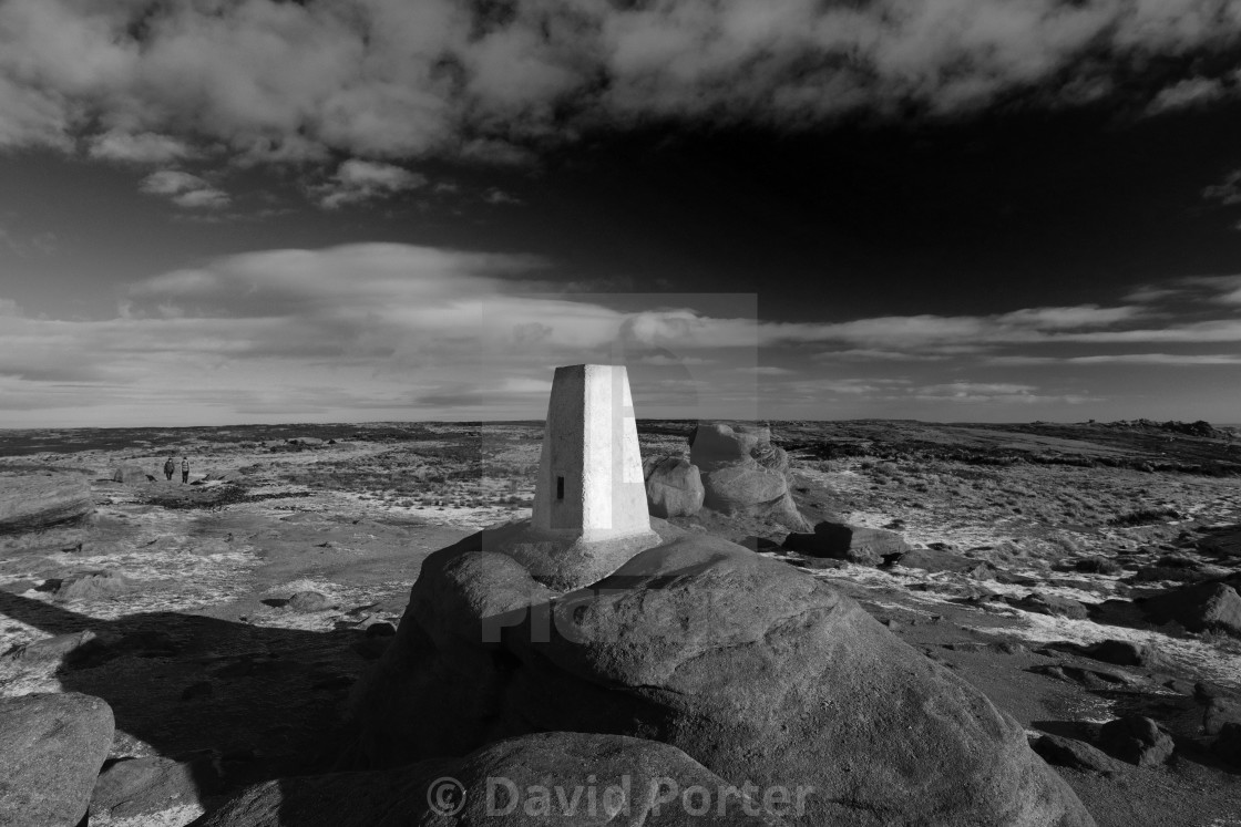 "View of the OS Trig Point on Kinder Scout, Pennine Way, Derbyshire, Peak..." stock image