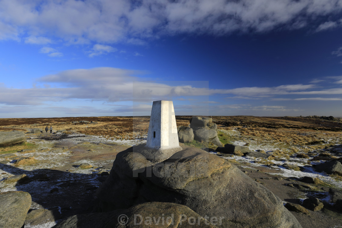 "View of the OS Trig Point on Kinder Scout, Pennine Way, Derbyshire, Peak..." stock image