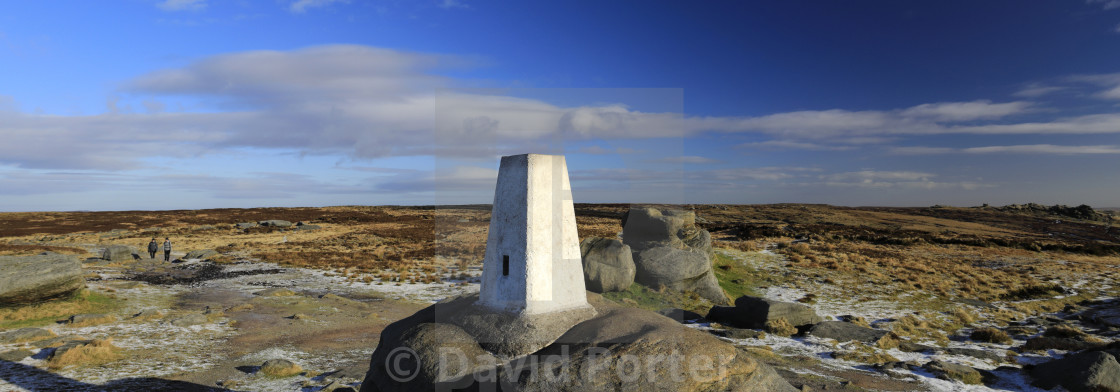 "View of the OS Trig Point on Kinder Scout, Pennine Way, Derbyshire, Peak..." stock image