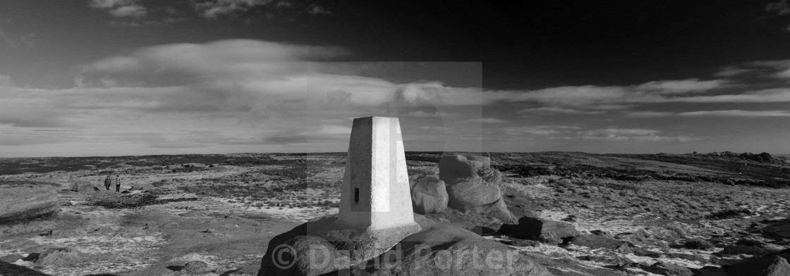 "View of the OS Trig Point on Kinder Scout, Pennine Way, Derbyshire, Peak..." stock image