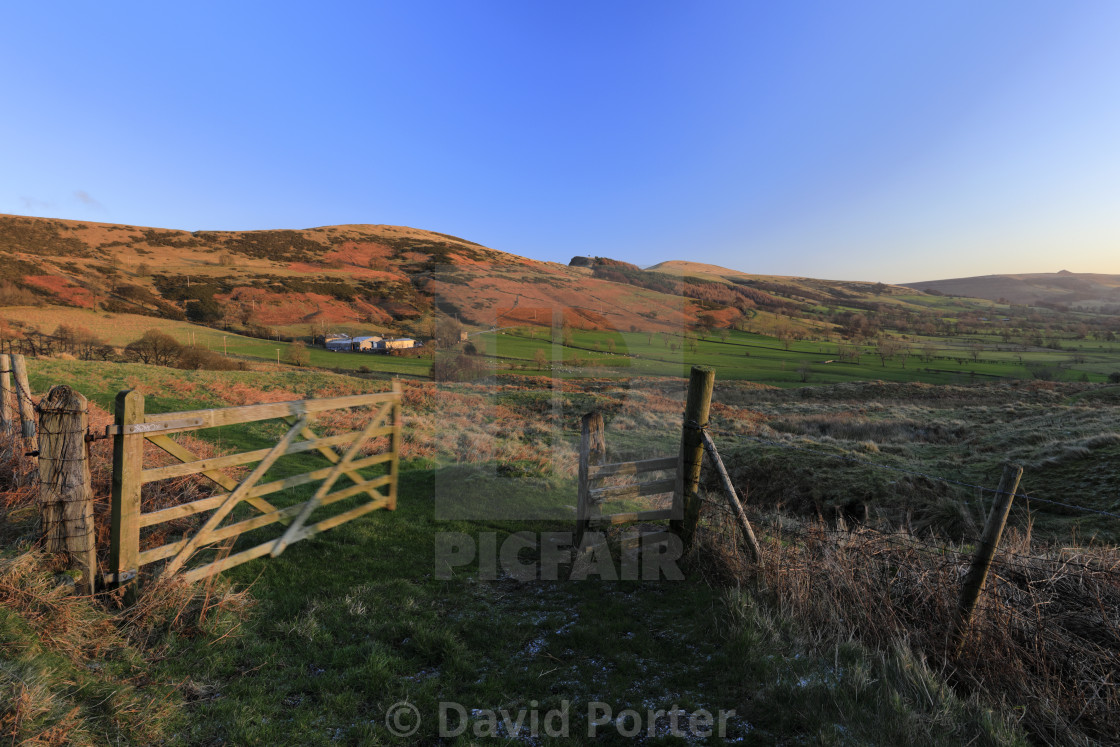 "View of the Castleton valley from Mam Tor, Derbyshire, Peak District National..." stock image