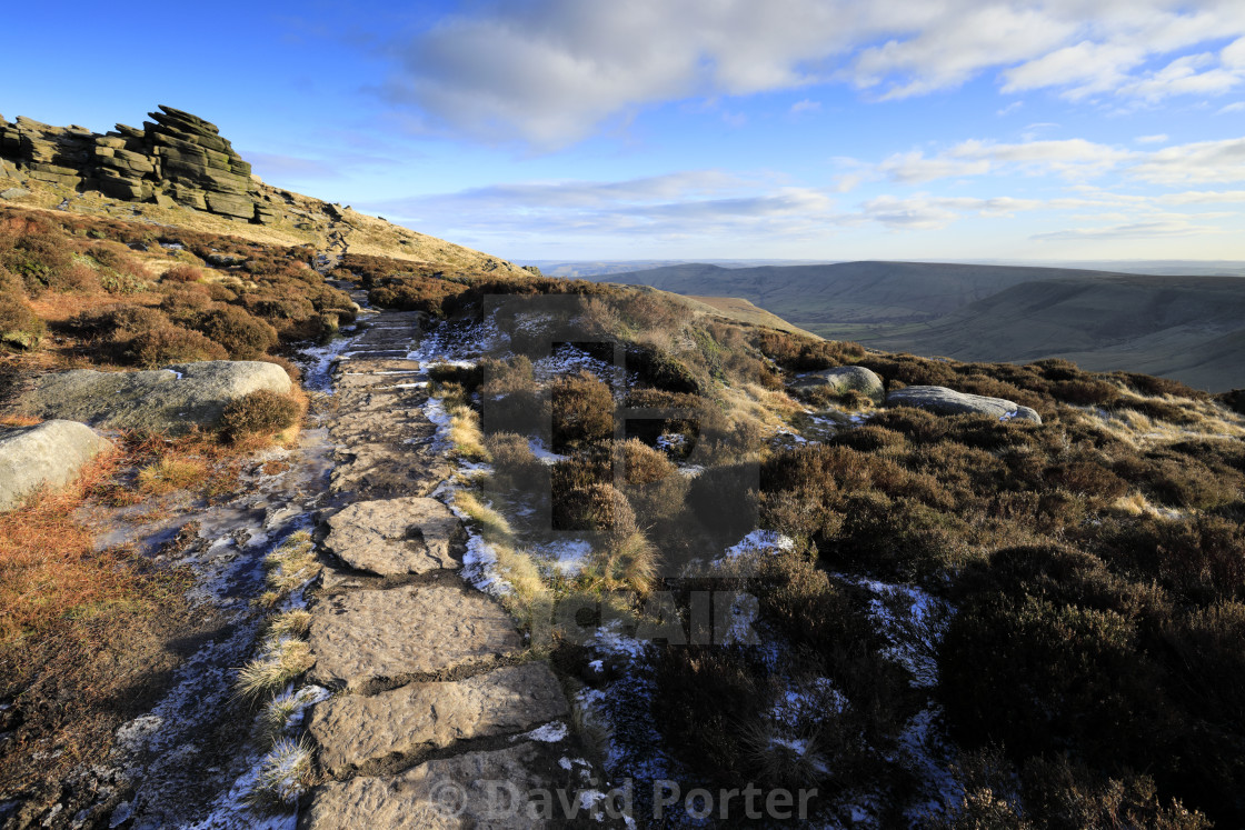 "Pym Chair rock formation on Kinder Scout, Pennine Way, Peak District National..." stock image