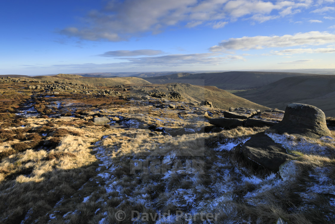 "The Woolpacks rock formations on Kinder Scout, Pennine Way, Peak District..." stock image