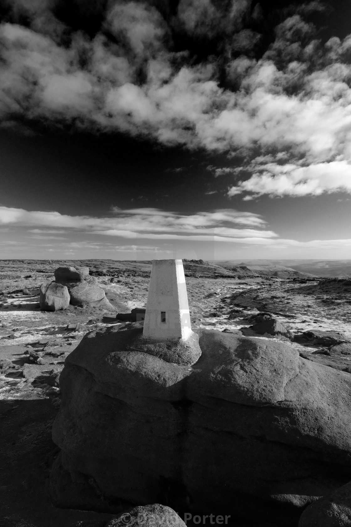 "View of the OS Trig Point on Kinder Scout, Pennine Way, Derbyshire, Peak..." stock image