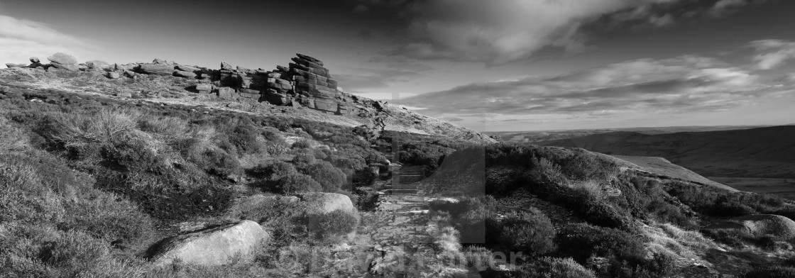 "Pym Chair rock formation on Kinder Scout, Pennine Way, Peak District National..." stock image