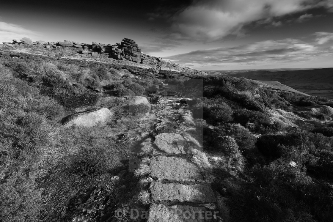 "Pym Chair rock formation on Kinder Scout, Pennine Way, Peak District National..." stock image