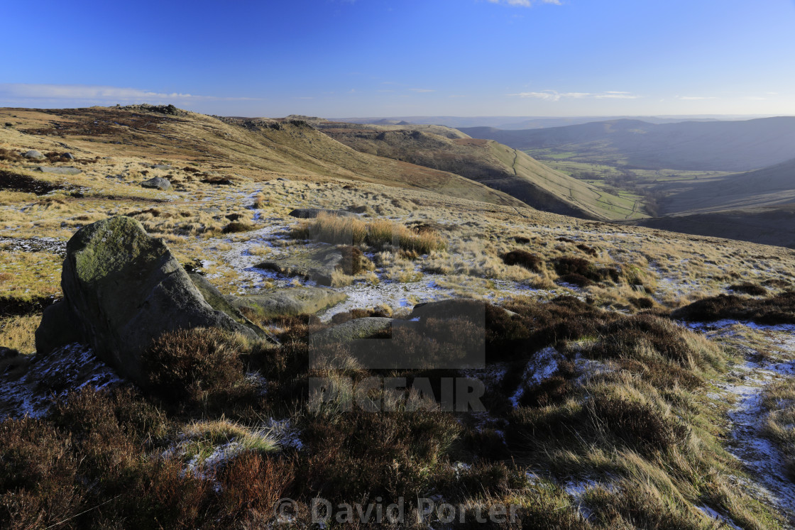 "View over rock formations on Kinder Scout, Pennine Way, Derbyshire, Peak..." stock image