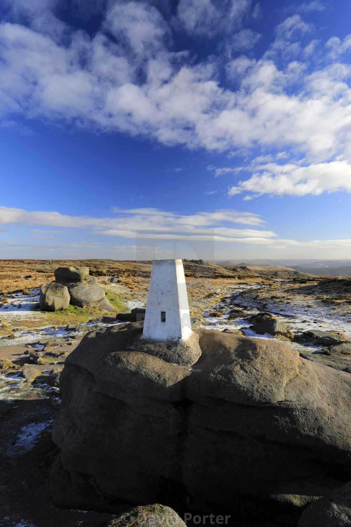 "View of the OS Trig Point on Kinder Scout, Pennine Way, Derbyshire, Peak..." stock image