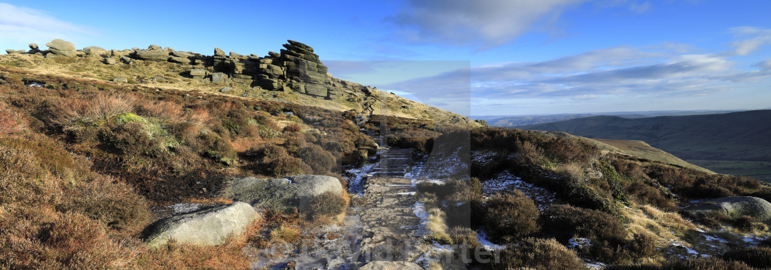 "Pym Chair rock formation on Kinder Scout, Pennine Way, Peak District National..." stock image